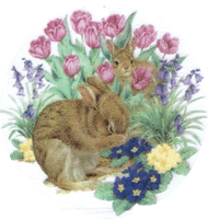 bunny rabbits, tulips, flowers, pottery