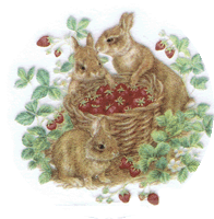 bunny rabbit, fruit, strawberries, pottery
