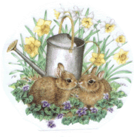bunny rabbits, daffodils, pottery