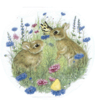 bunny rabbits, bachelor buttons, flowers, pottery
