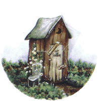 outhouse, rustic, flowers, northwoods, pottery