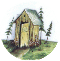 outhouse, pines, rustic, northwoods, pottery