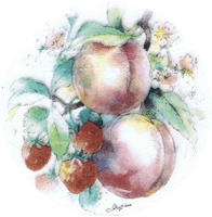 peaches, strawberries, fruit, pottery