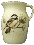 gallon pitcher, pottery, chickadee, birds, butter keeper